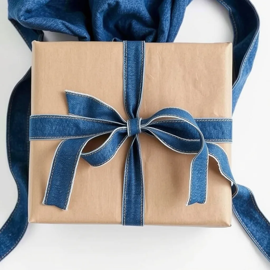A gift box wrapped in simple brown kraft paper and tied with a strip of dark denim fabric. The denim is knotted into a simple bow on top. The composition is clean and minimalist, set against a neutral background. The texture of the denim ribbon adds a layer of interest to the gift, making it look custom and intentional.