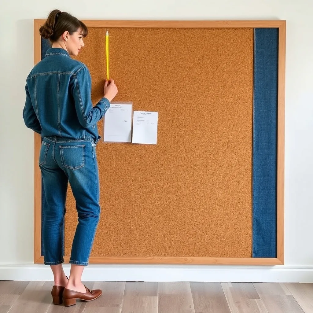 A large rectangular bulletin board covered in smooth, dark denim fabric. Various photos and notes are pinned to the board, showing how it functions as a workspace organizer. The office setting is bright and orderly, with the denim board serving as a focal point. The fabric wrap is tight and clean, with no visible wrinkles or loose edges.