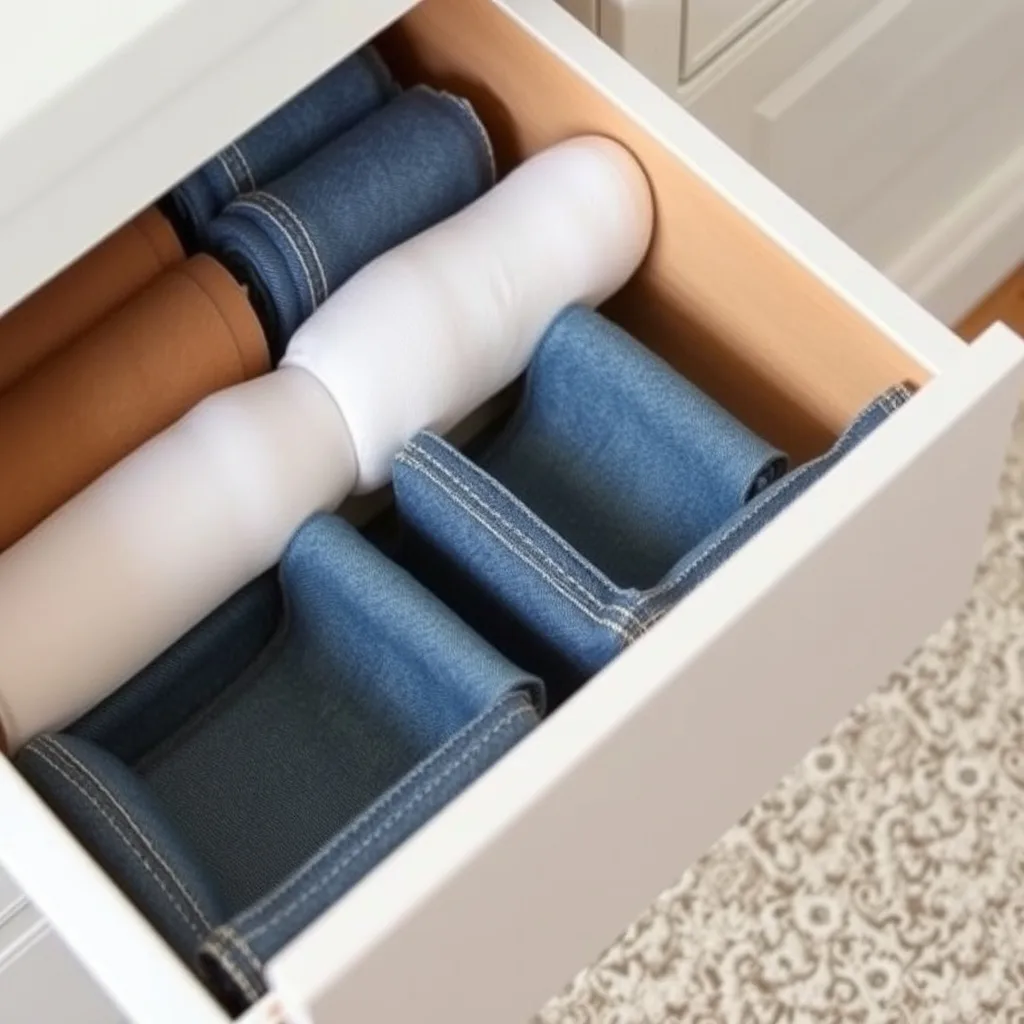 An open dresser drawer showing organized sections created by denim covered dividers. The fabric is a mix of light and dark washes, creating a visually interesting pattern inside the drawer. Socks and accessories are neatly folded into each section. The lighting is bright and even, highlighting the organization and the creative use of upcycled denim fabric.