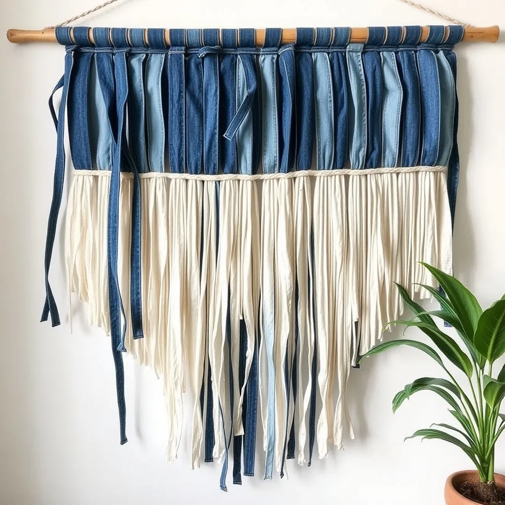 A wall hanging composed of various shades of blue denim fabric strips knotted onto a smooth wooden dowel. The strips hang at different lengths to create a fluid, layered look. The neutral white wall behind the piece makes the indigo colors pop, while the soft lighting highlights the frayed edges of the denim. It looks like a custom piece of art suitable for a modern or eclectic home interior.