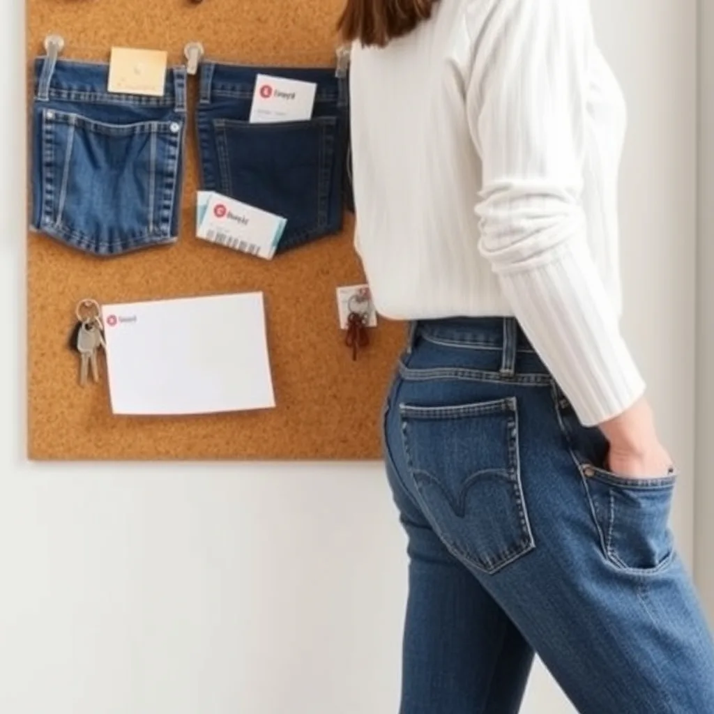 Three denim back pockets mounted on a cork board, functioning as an entryway organizer. Each pocket is placed at a slightly different angle to show utility and style. Inside one pocket, a set of keys is visible, while another holds a small notepad. The background is a bright, airy hallway, making the denim pockets stand out as a functional and stylish home decor choice.