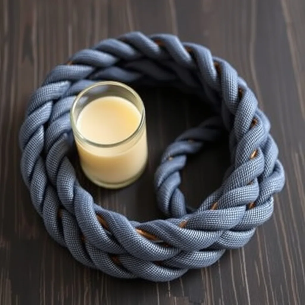 Four round coasters crafted from tightly coiled braided denim strips. The variations in the denim wash create a subtle marbled effect within the coasters. They are arranged on a light colored coffee table, providing a nice contrast to the dark blue fabric. The focus is sharp, showing the intricate texture of the braids and the sturdiness of the final product.