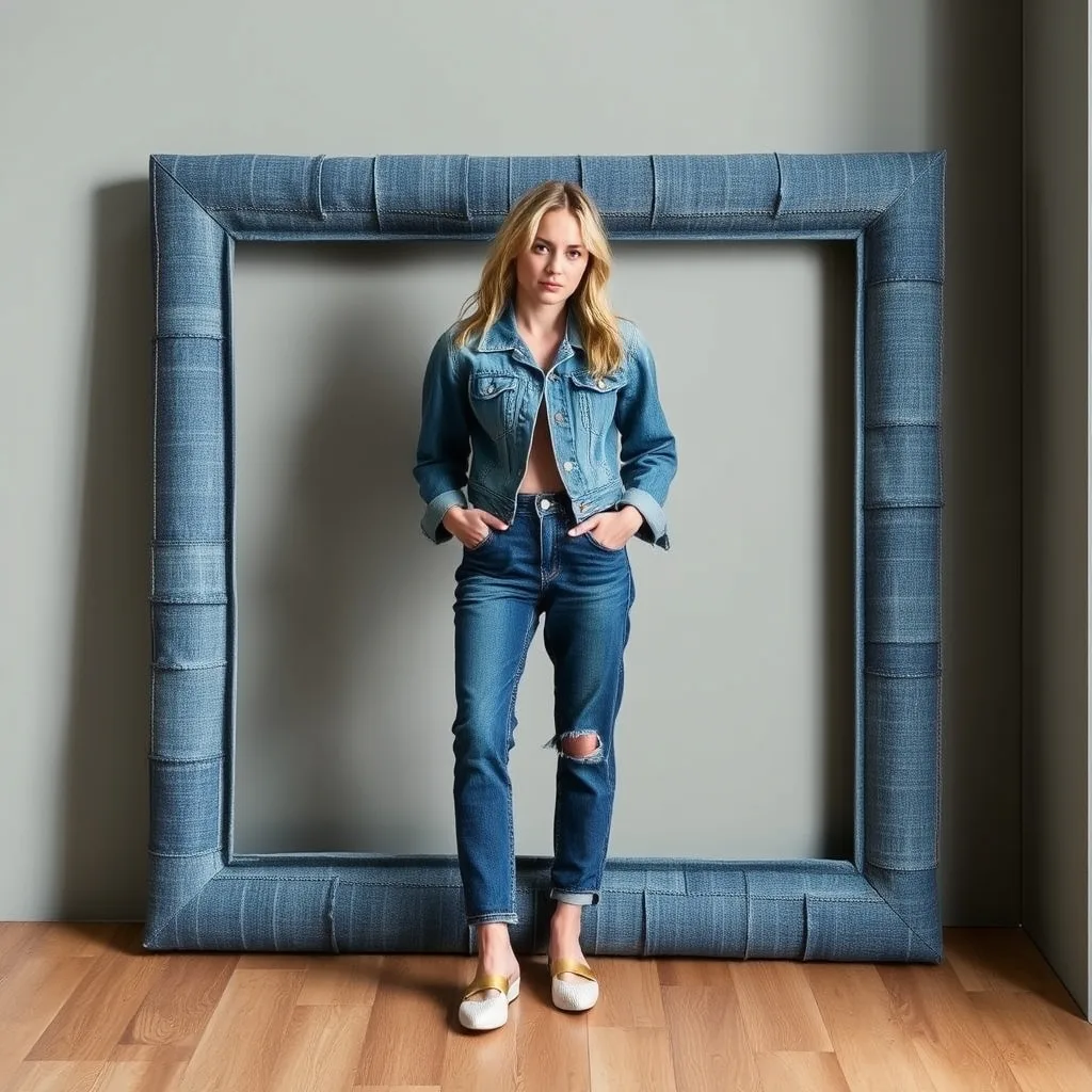 A picture frame covered in medium wash denim fabric, displayed on a shelf next to a small green plant. The denim wrap is smooth and covers the frame edges completely, giving it a tactile and unique appearance. The lighting is soft, highlighting the texture of the fabric and the contrast between the rough denim and the delicate foliage nearby.