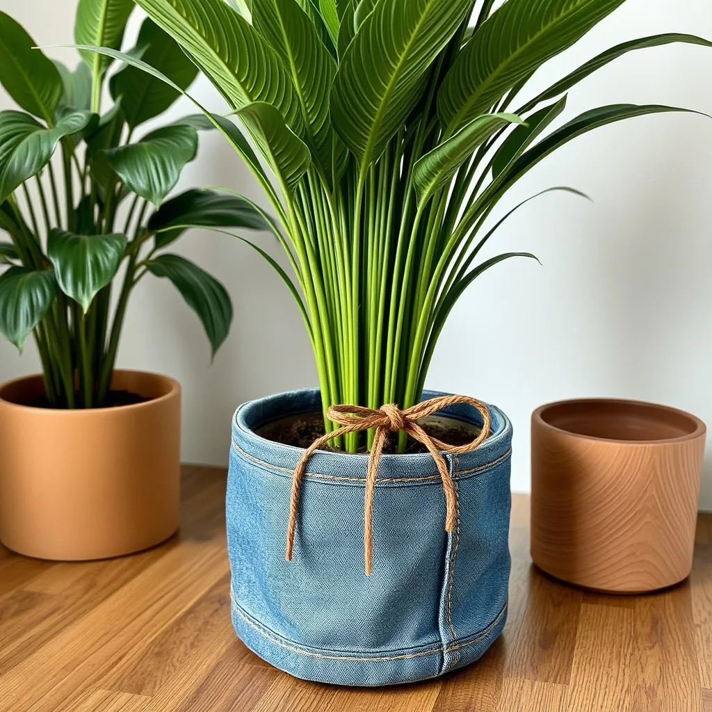 A potted plant featuring a denim fabric wrap around the base. The fabric is a classic indigo blue, tied with a simple piece of natural twine. The plant is healthy and vibrant, sitting on a bright windowsill. The sunlight hitting the denim brings out the blue tones and texture, creating an aesthetic that feels organic and well traveled.