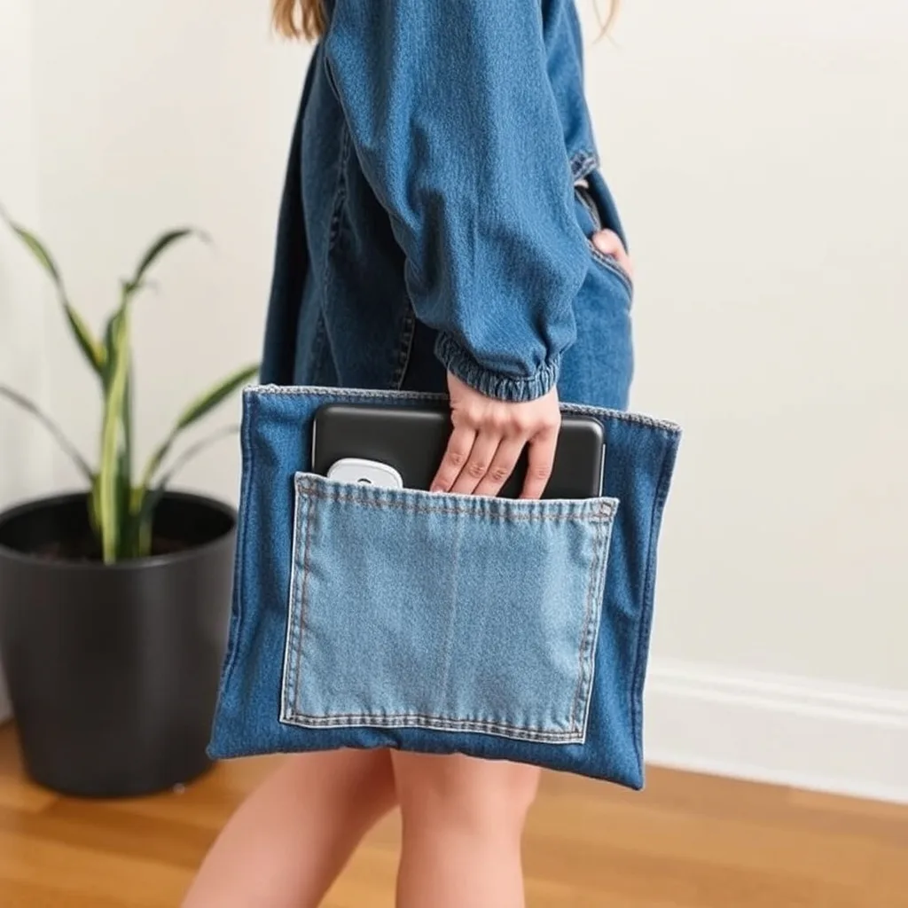 A sleek laptop sleeve made from dark wash denim fabric. The front of the sleeve features a functional back pocket from a pair of jeans, providing a place for small accessories. The sleeve is resting on a clean, white desk surface. The composition is simple and professional, highlighting the durability of the denim material and the utility of the added pocket.