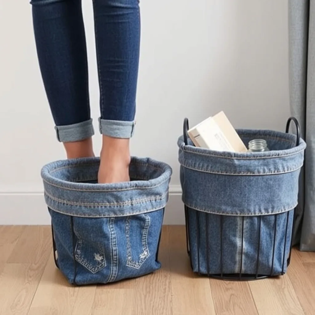 A wire storage basket lined with denim fabric, filled with soft, folded blankets. The indigo denim provides a sturdy and stylish contrast to the wire frame. The setting is a cozy corner of a living room, with warm lighting that makes the space feel inviting and organized. The texture of the denim is clearly visible against the metal of the basket.