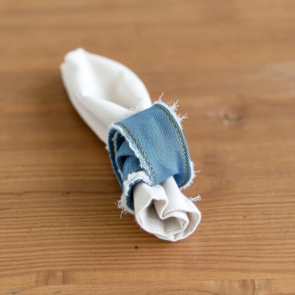 Four denim napkin rings placed on a rustic wooden dining table. Each ring is made from a strip of dark denim with slightly frayed edges, giving them a casual and textured appearance. A white linen napkin is tucked into one of the rings. The lighting is warm and ambient, suggesting a relaxed dinner setting that values simple, handmade details.