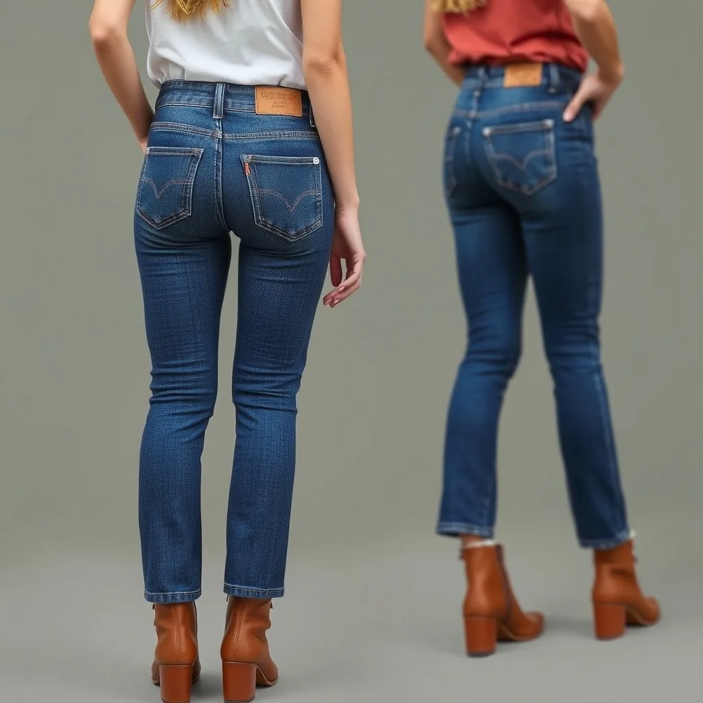 Slim fit jeans with unique vertical seam back pockets integrated into the leg, worn by an adult man in a modern gallery.