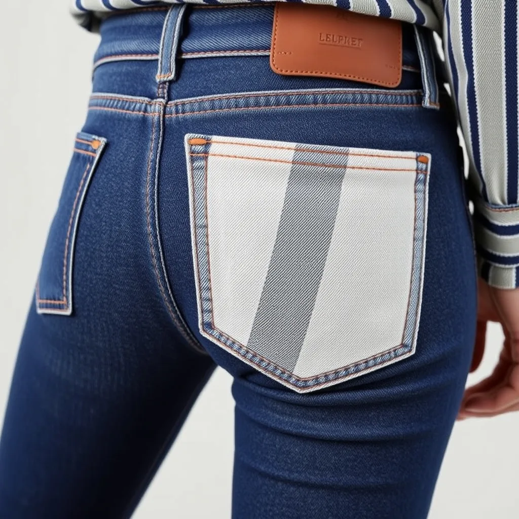 A close up view of the back pocket of denim jeans, showing the high quality patterned cotton internal lining, worn by an adult model.