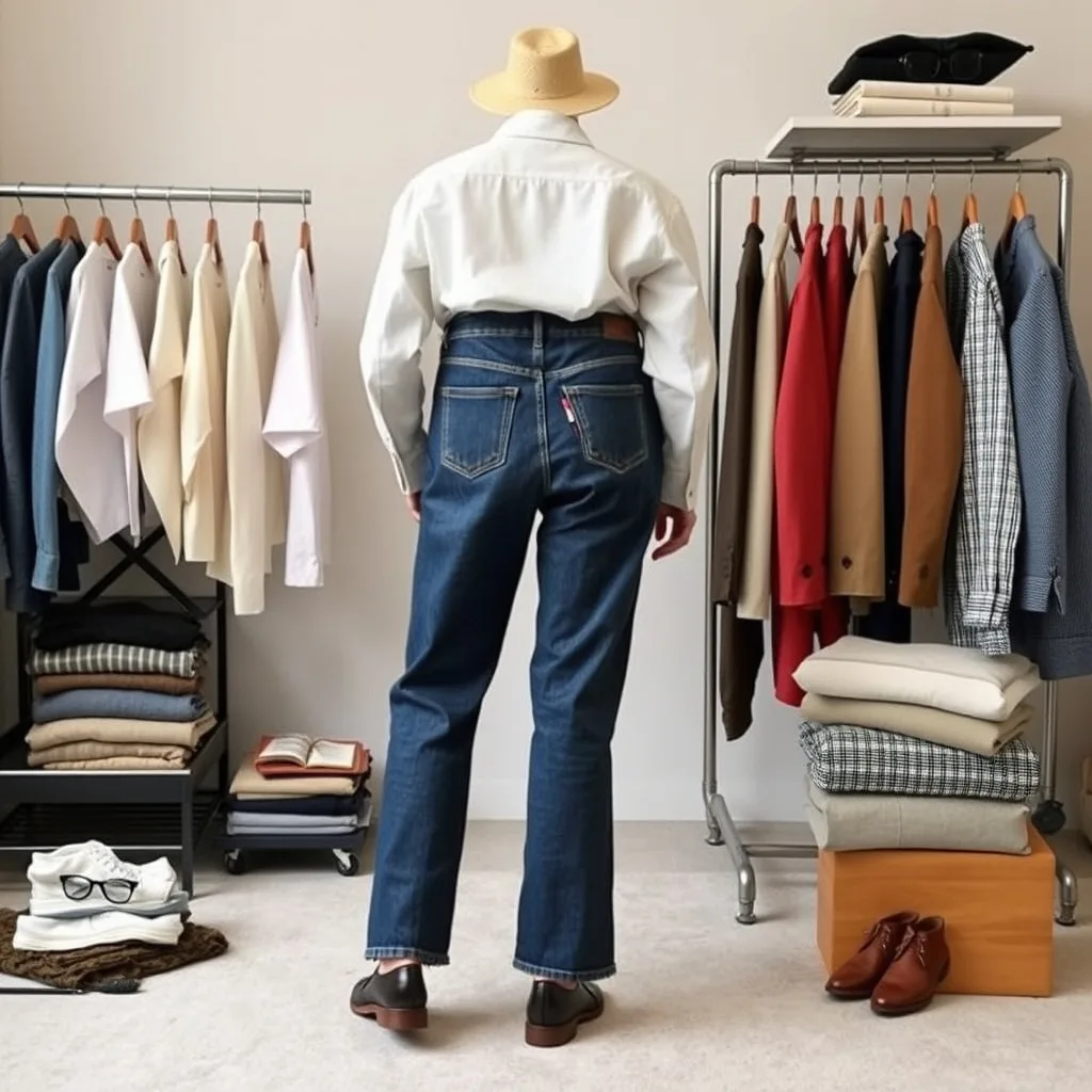 Close up view of the back of tailored mid wash jeans featuring clean angled welt pockets, worn by an adult man in a professional setting.