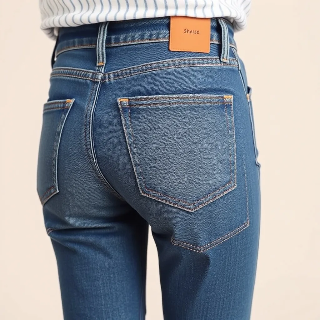 A pair of light wash denim jeans with back pockets featuring decorative buttoned flaps, shown on an adult model in a bright studio environment.