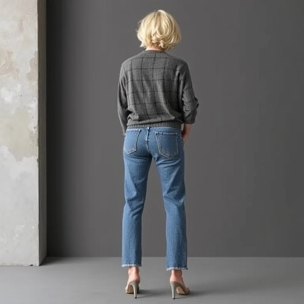 The back view of charcoal jeans designed without back pockets, worn by an adult woman in a minimalist architectural setting.