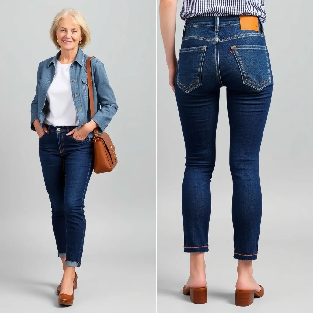 Black denim jeans featuring back pockets placed high on the seat, worn by an adult man in a city street setting.