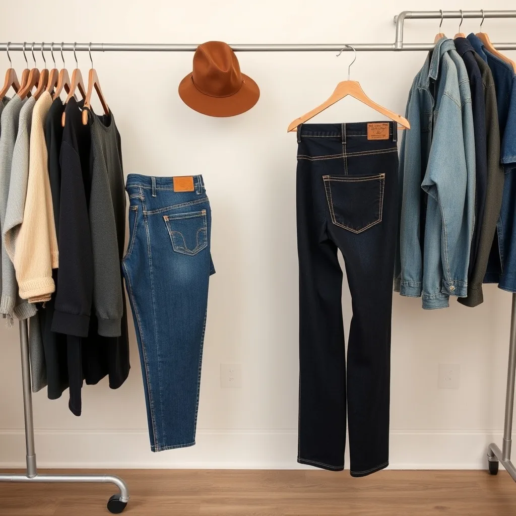 Rugged blue denim jeans with prominent double stitching around the back pockets, worn by an adult woman in an outdoor setting.
