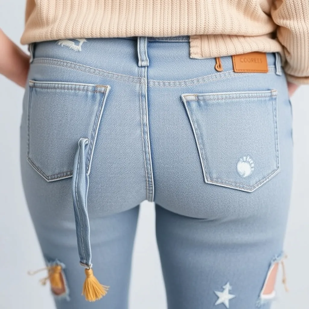 Medium wash denim jeans featuring back pockets with soft curved edges, shown on an adult model in a soft light indoor setting.