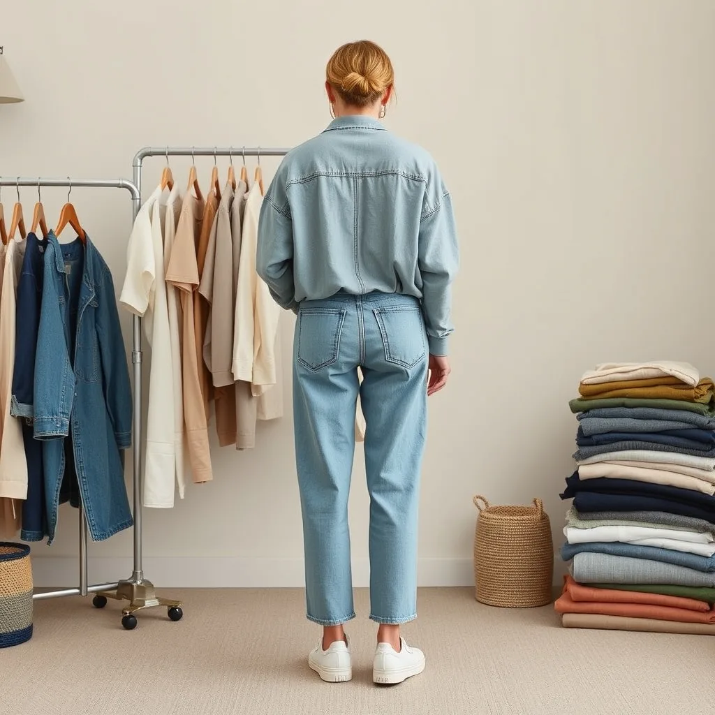 Relaxed fit denim jeans featuring oversized utility style back pockets, worn by an adult man in a workshop setting.