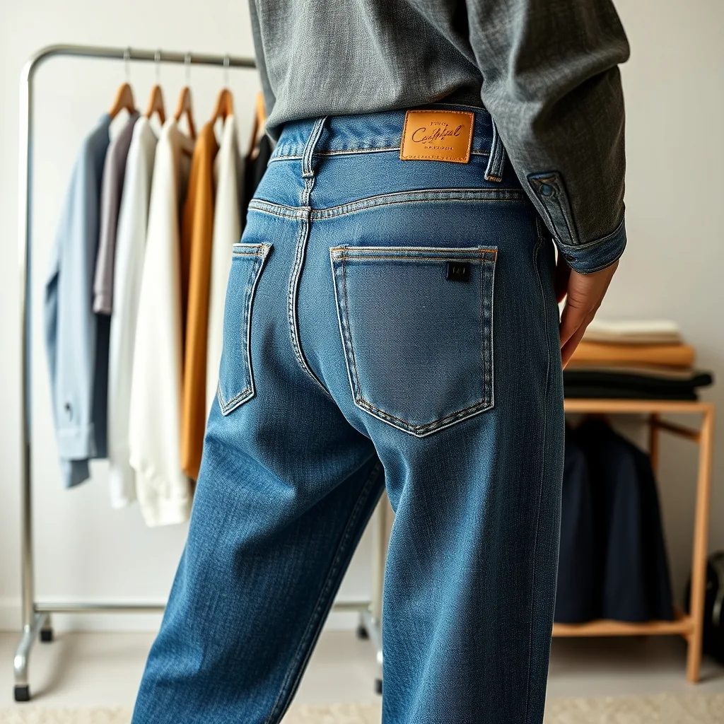 Dark wash denim jeans featuring back pockets with discreet hidden zippers, shown on an adult model in an urban setting.
