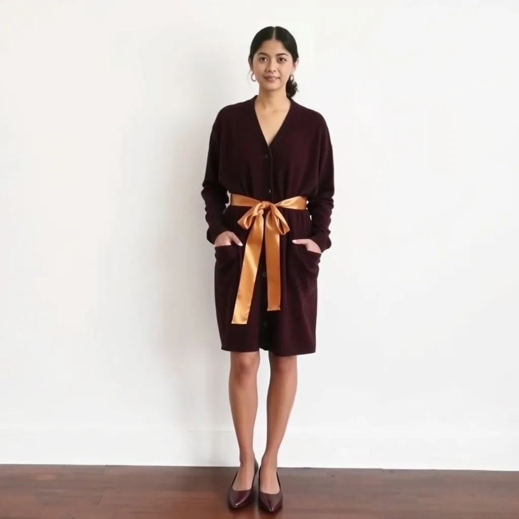 A full body view of a woman wearing a long button down cardigan dress cinched with a satin ribbon at the waist. She wears sheer tights and ballet flats, embodying a soft and nostalgic coquette look for autumn.