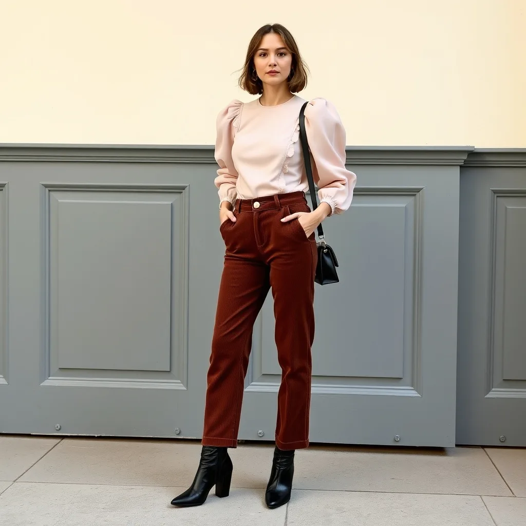 A full body shot of a woman wearing a romantic puff sleeve top with high waisted corduroy trousers and block heel boots. This look combines practical autumn textures with a soft coquette aesthetic.