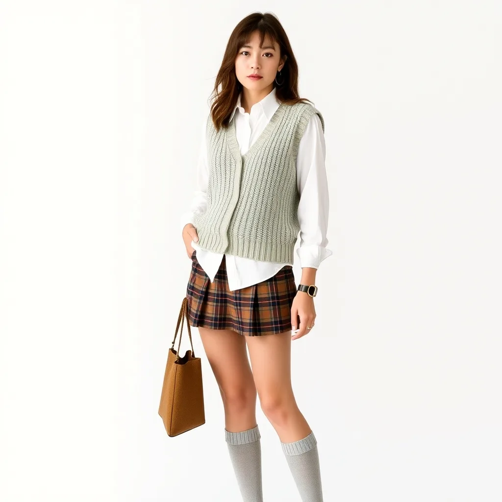 A full length view of a woman wearing a knit sweater vest over a collared shirt with a plaid mini skirt and tall socks. This outfit is a preppy and nostalgic nod to 2000s coquette style.