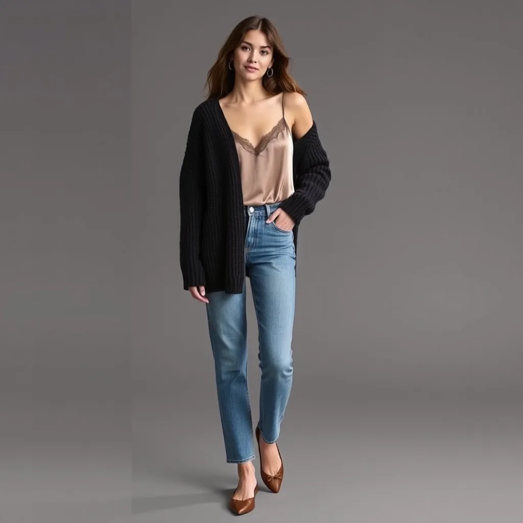 A full body view of a model wearing a satin camisole with lace trim, an oversized chunky knit sweater, and low rise jeans. She is wearing ballet flats with bow details, capturing a layered and soft 2000s inspired fall aesthetic.
