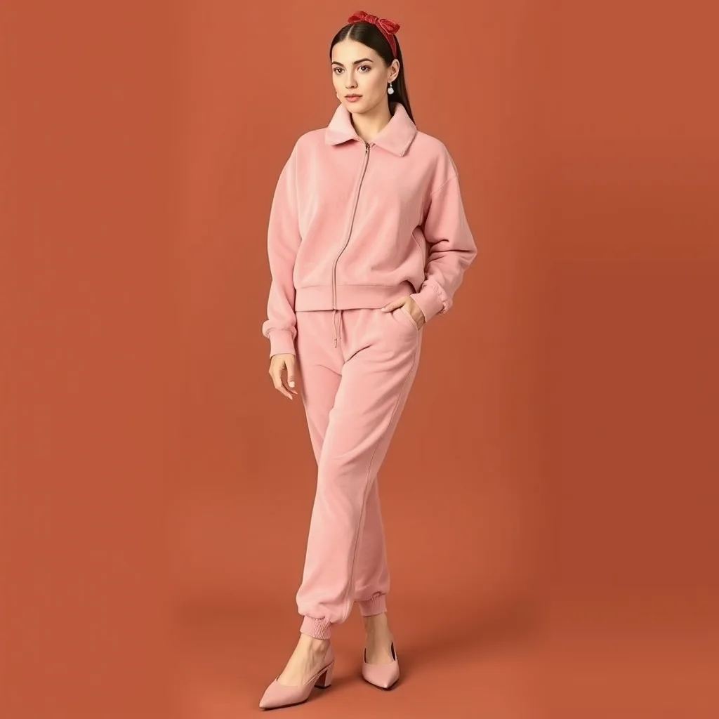 A full length shot of a woman wearing a soft dusty rose velour tracksuit. She has a velvet hair bow and pointed toe mules, blending athletic comfort with coquette details for a nostalgic 2000s look.