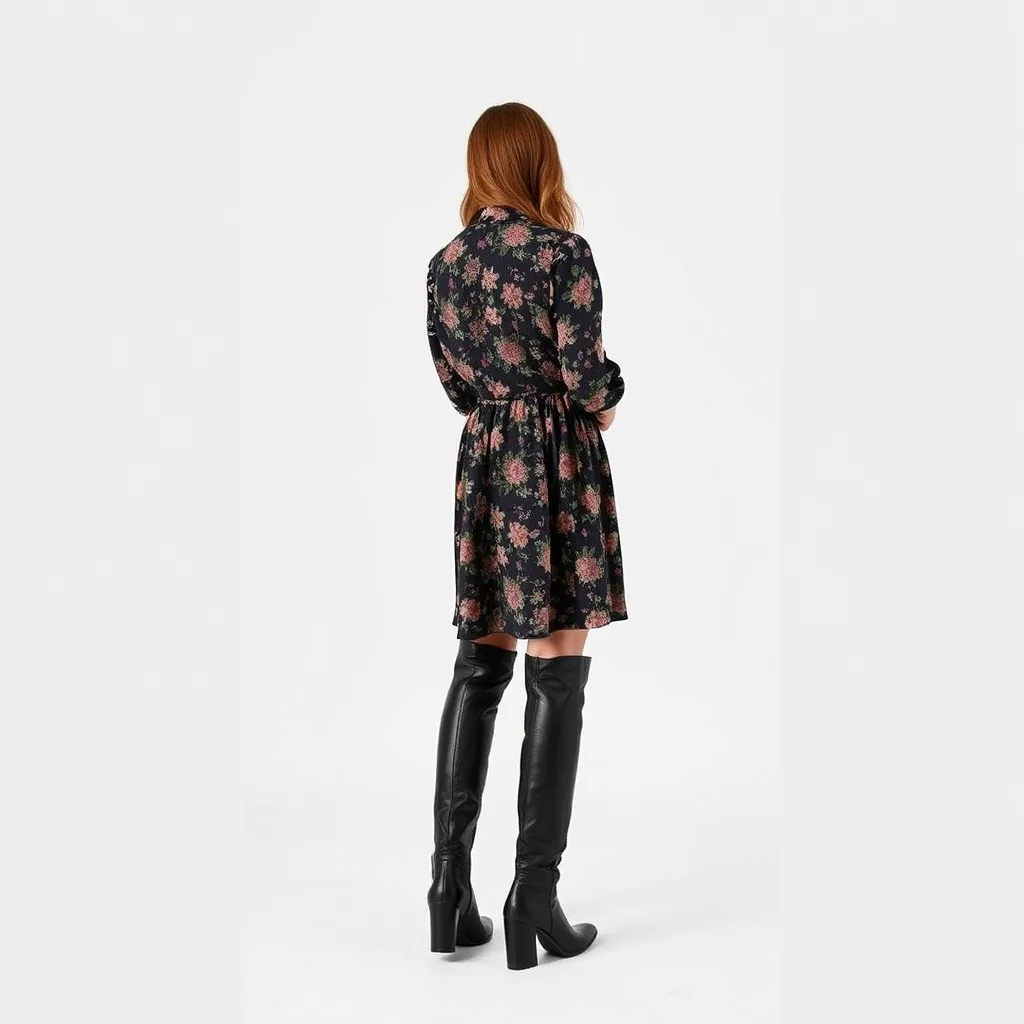 A full body shot of a woman wearing a floral babydoll dress with puff sleeves paired with knee high leather boots. The look is a balance of soft, nostalgic coquette style and practical fall footwear.
