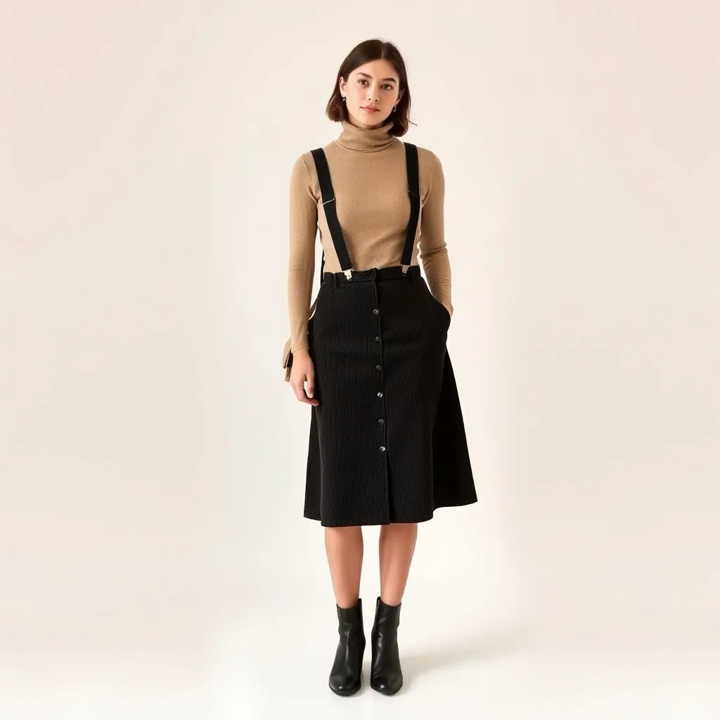 A full length shot of a woman in a fitted black turtleneck and corduroy suspender skirt. She is wearing ankle boots, creating a cozy and nostalgic fall look that fits the coquette aesthetic.