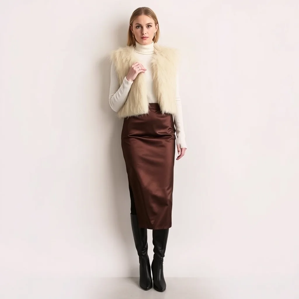 A full body image of a woman wearing a cropped faux fur vest over a knit top and satin slip skirt. She wears tall boots, combining textures for a sophisticated and nostalgic fall coquette outfit.