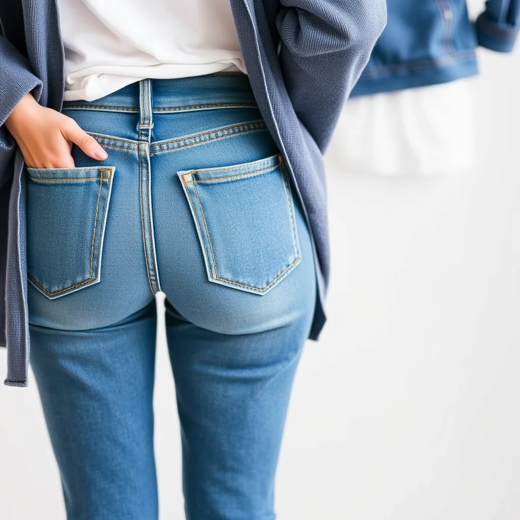 Denim jeans with custom fabric back pockets.