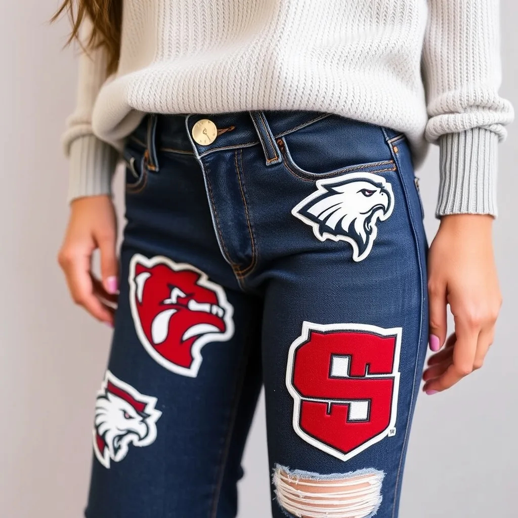 Denim jeans featuring large iron on mascot patches.