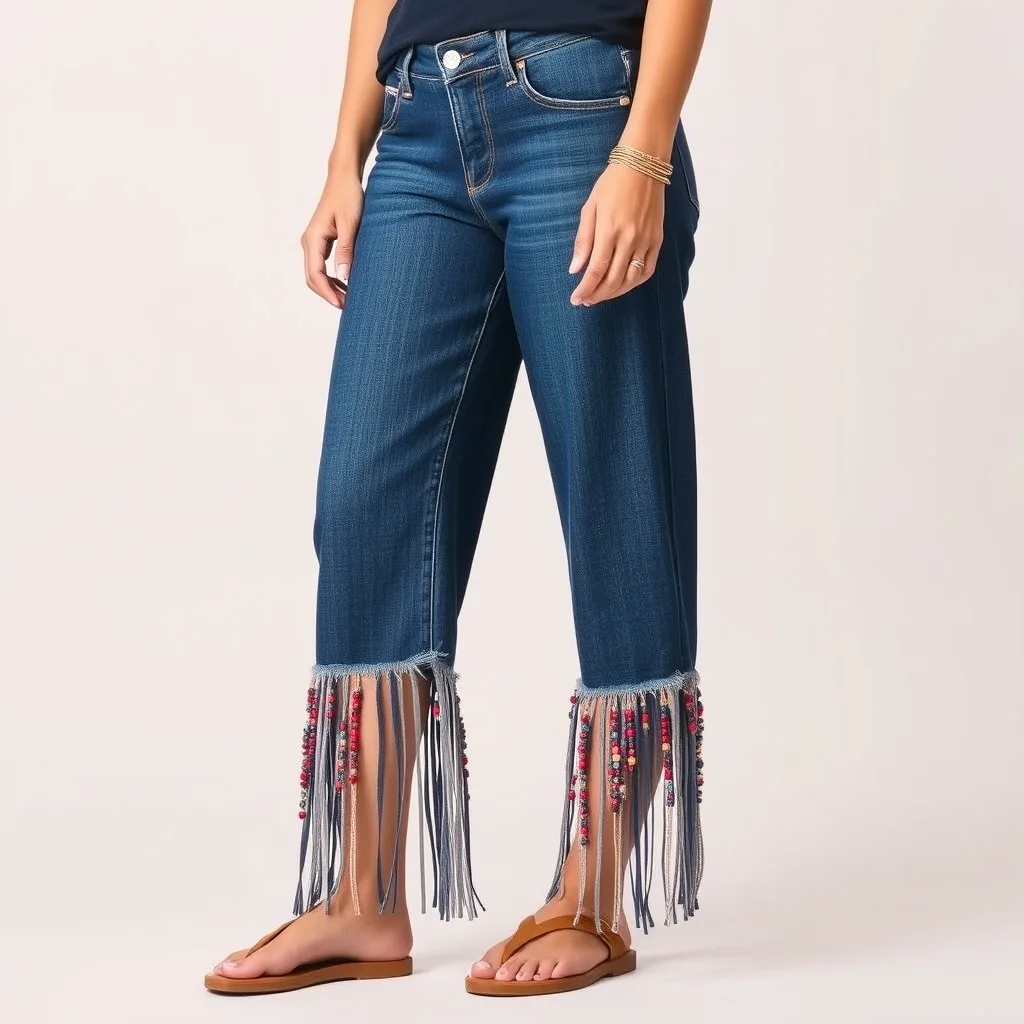 Denim jeans with a fringed hem and colorful beads.