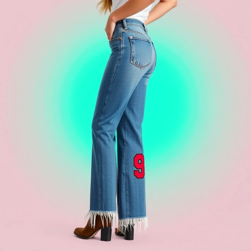 Wide leg jeans featuring frayed hems and iron on jersey numbers.