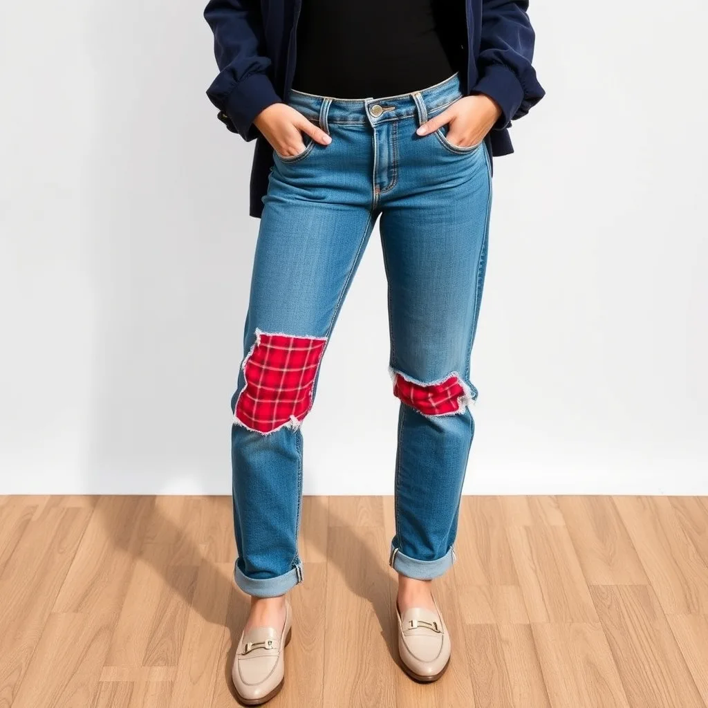 Boyfriend jeans decorated with colorful fabric patches.