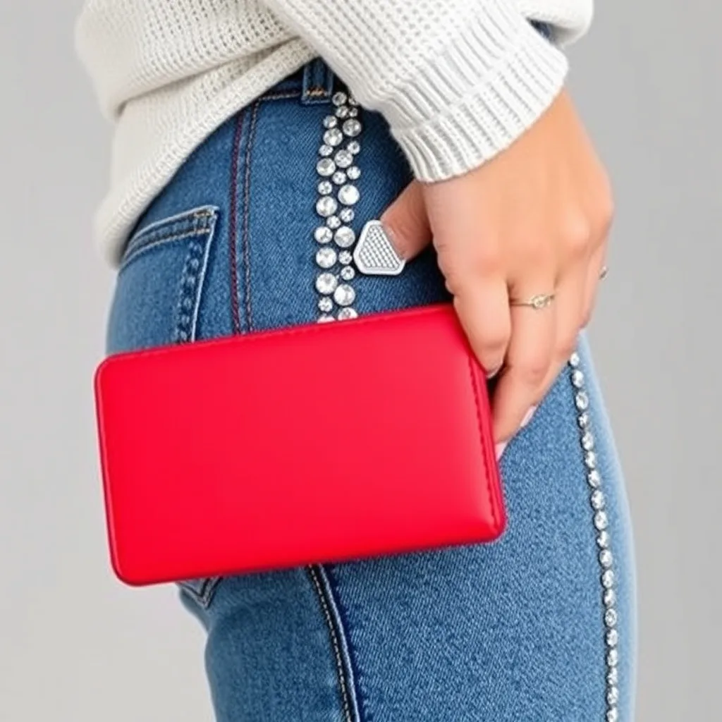 Denim jeans featuring rhinestone details along the side seams.