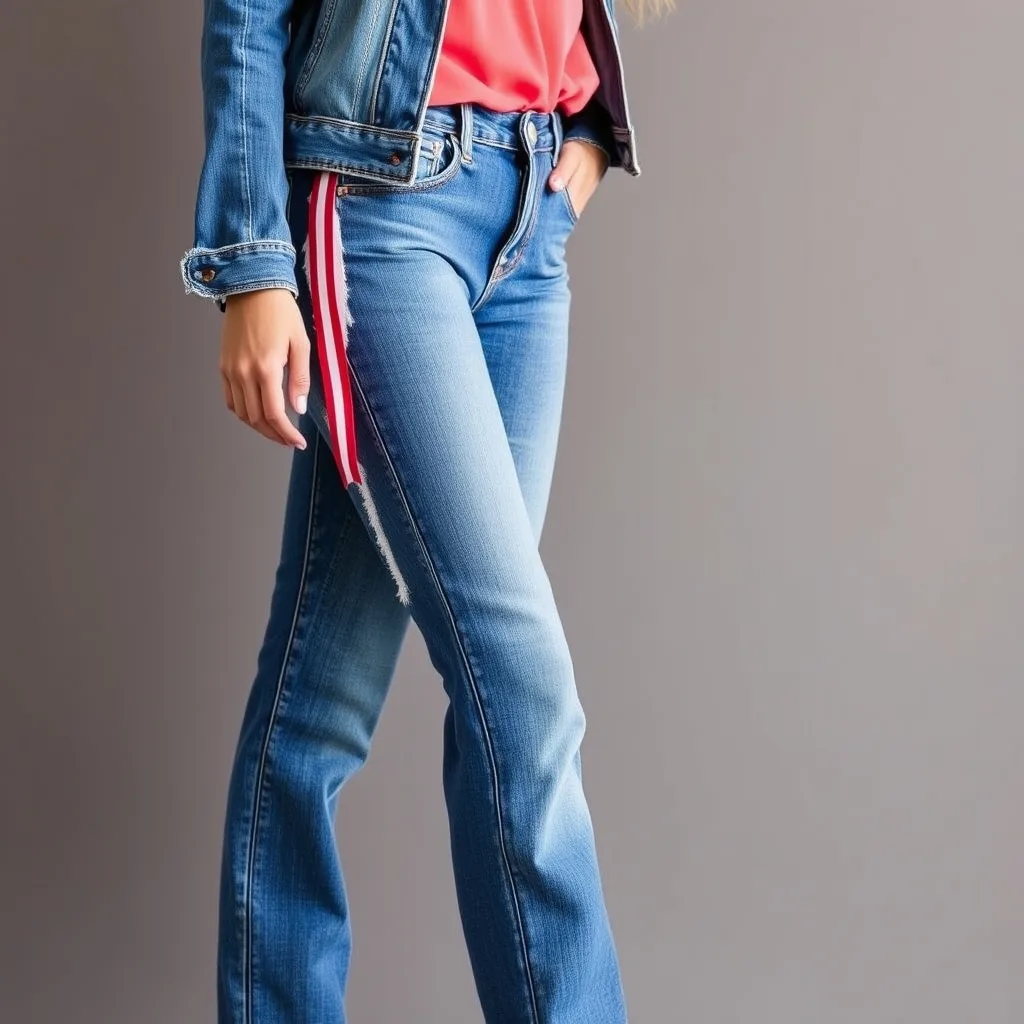 Denim jeans with school color ribbon trim along the side.