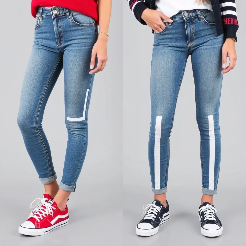 Jeans with stenciled goalpost designs on the leg.