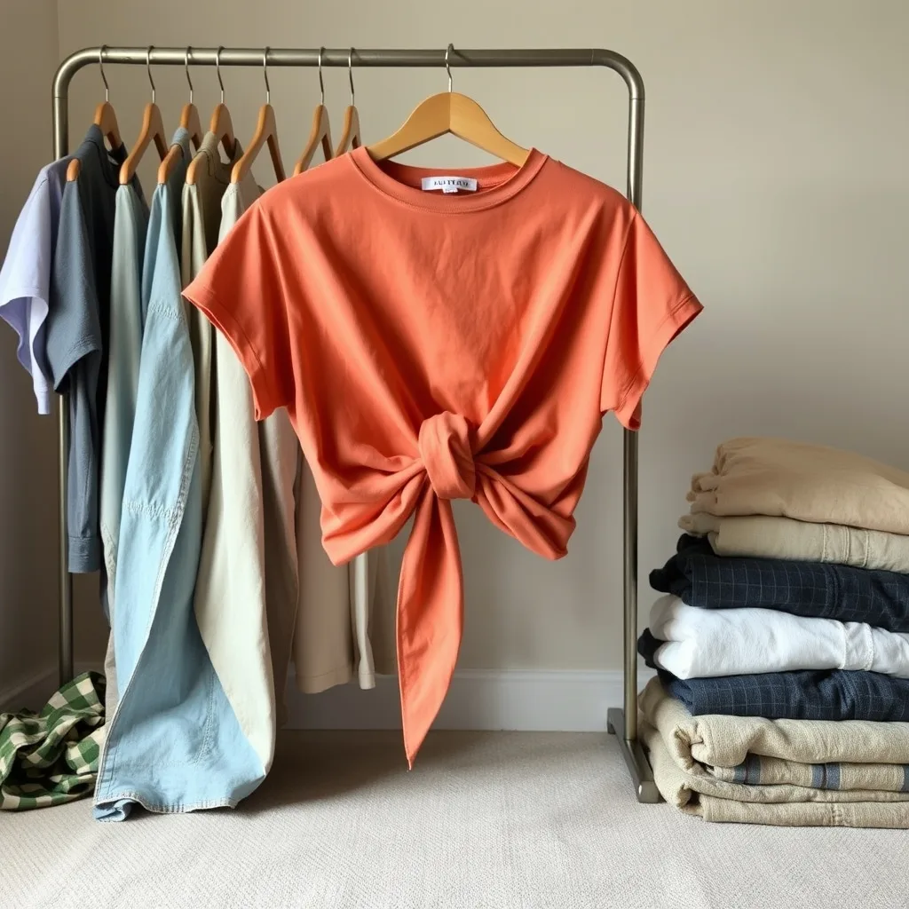 A woman wearing a white t shirt with a front knot detail tucked into high waisted beige linen trousers, creating a relaxed yet structured silhouette in a bright studio space.