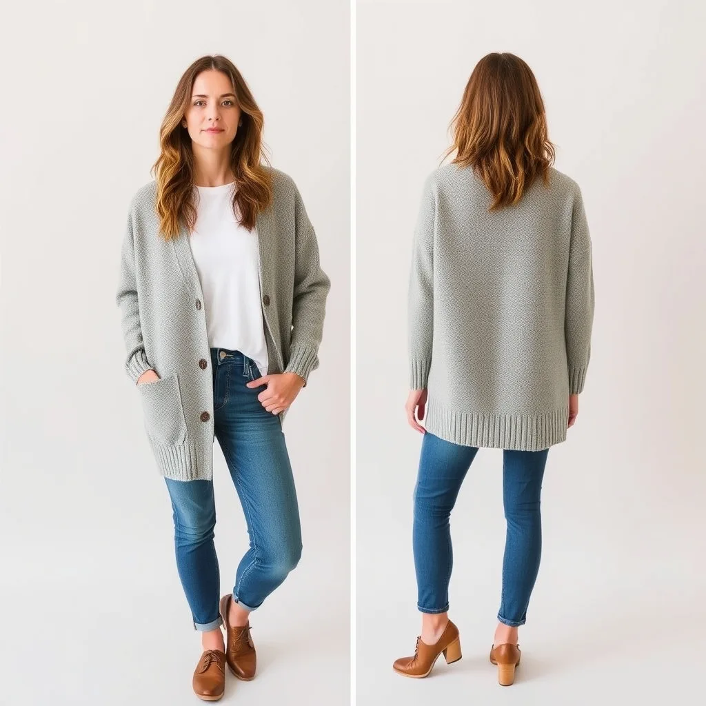 Detailed view of a soft gray knit sweater with a colorful floral fabric patch applied to the chest area, showing texture and craft detail.