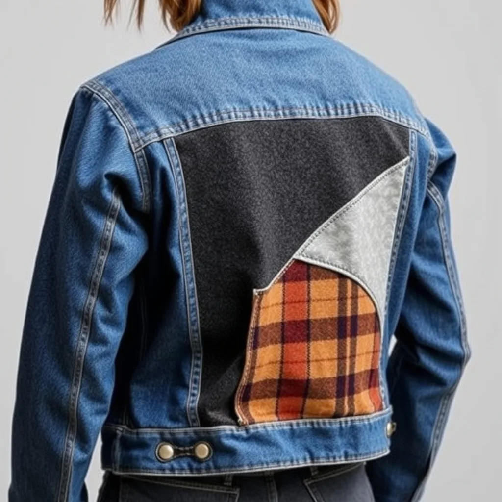 A denim jacket with a large, sophisticated tweed fabric panel sewn onto the back, creating a unique and bespoke design that feels high end.