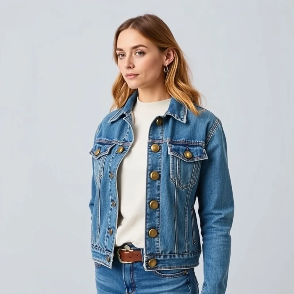 A close up of antique brass buttons replacing standard silver hardware on a denim jacket, providing a warm and vintage aesthetic that feels high end.