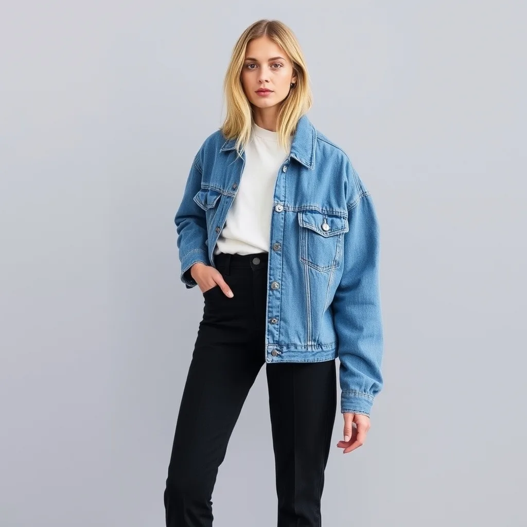 A cropped and boxy denim jacket styled with high waisted trousers, showcasing a clean and modern silhouette that feels intentional and sophisticated.