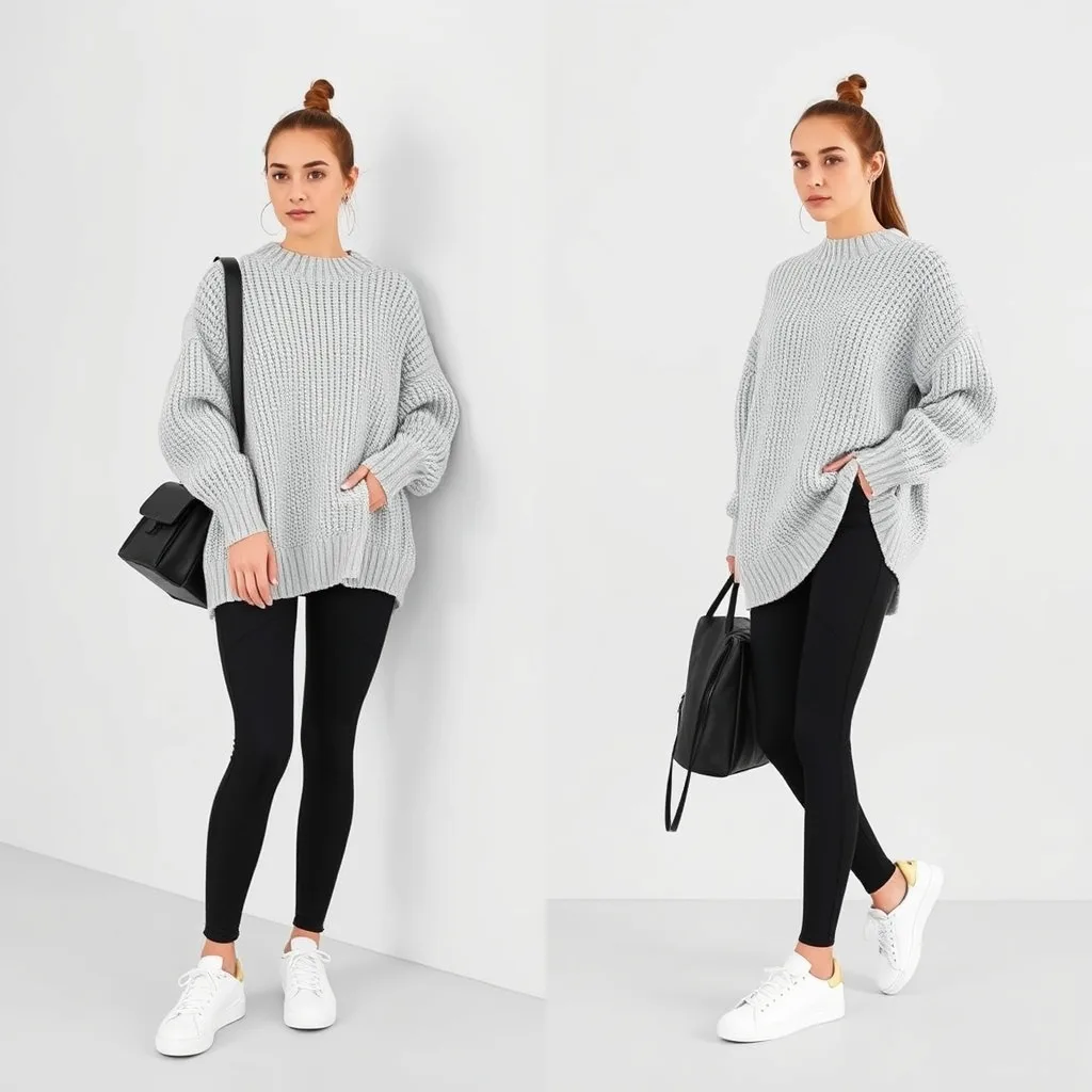 A person wears a chunky oversized sweater and matte black leggings paired with clean sneakers, captured in a warm interior to highlight the comfort and simplicity of the outfit.