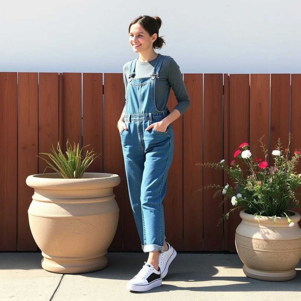 A woman wears denim overalls paired with platform sneakers in a garden setting, showcasing a practical and stylish approach to casual workwear inspired fashion.