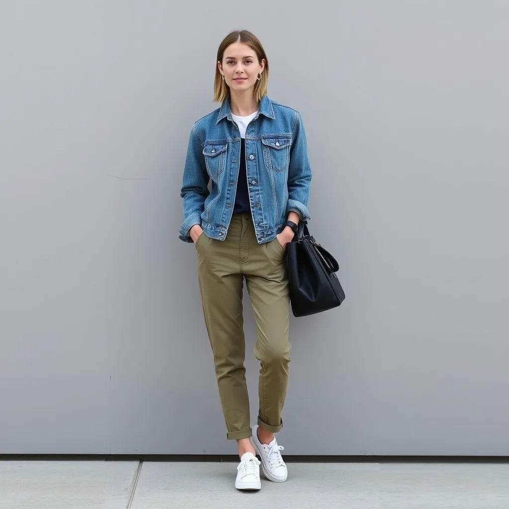 A person wears a classic denim jacket over chino pants and simple sneakers in an urban park, highlighting a versatile and durable outfit for everyday transitions.