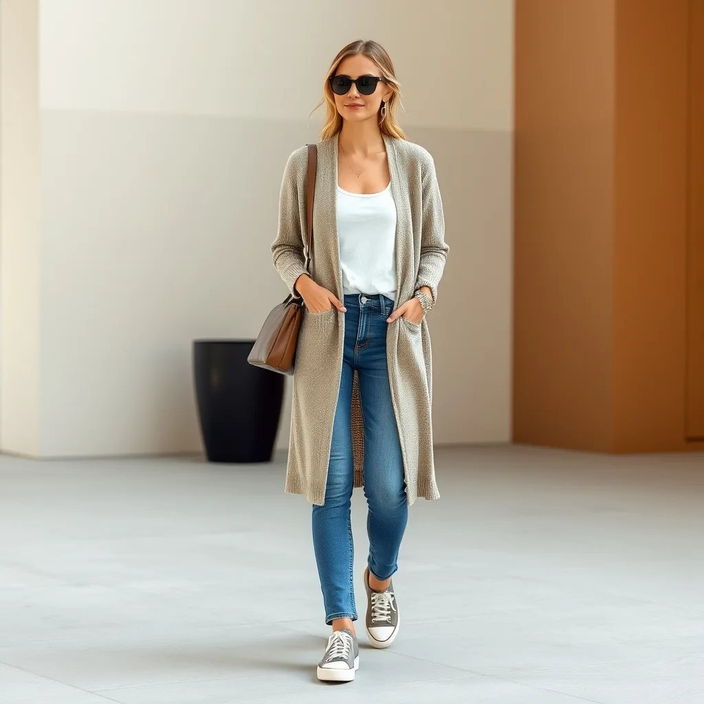 A woman wears a long cardigan over slim jeans and sneakers at a cafe, showing a comfortable and relaxed minimalist look that is both functional and stylish for everyday life.