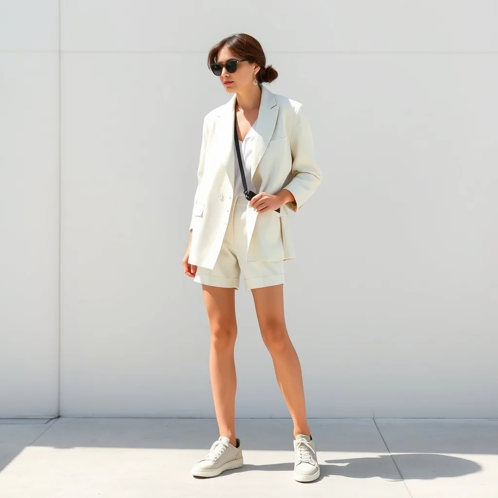 A person wears a light beige oversized blazer layered over tailored shorts and vintage inspired sneakers, captured in a park setting that highlights the versatility of this minimalist outfit combination.