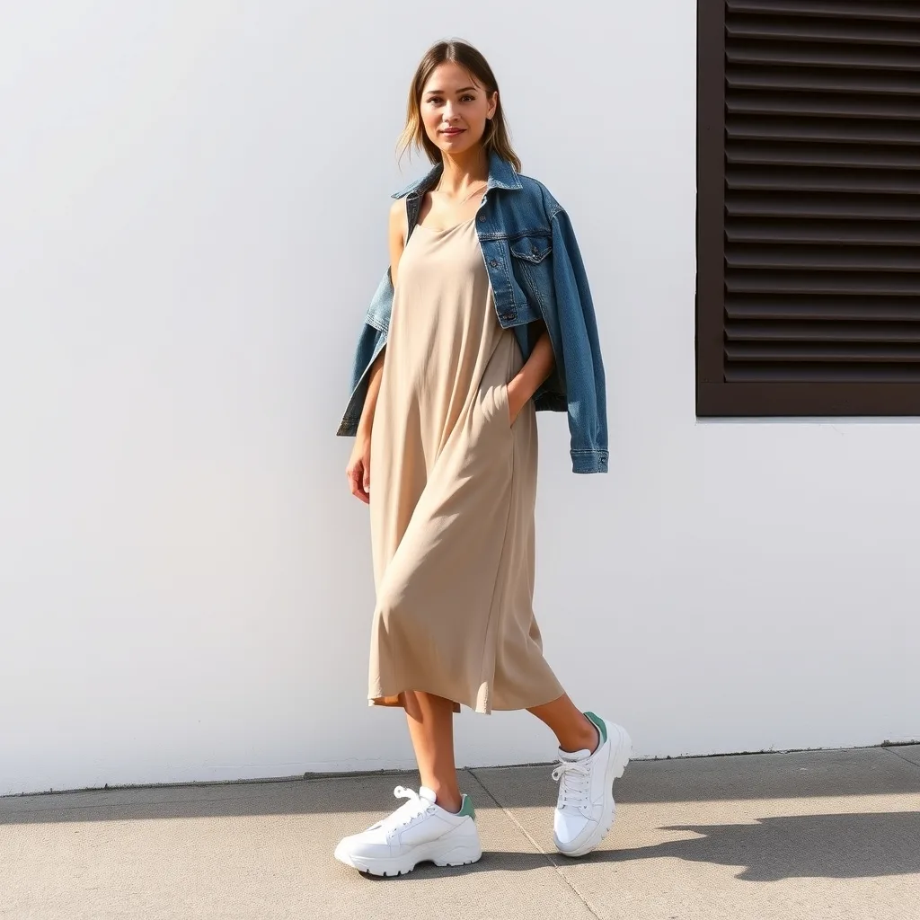 A woman wears a flowing midi slip dress paired with chunky white sneakers, standing on a quiet street to emphasize the contrast between the delicate fabric and the substantial footwear.
