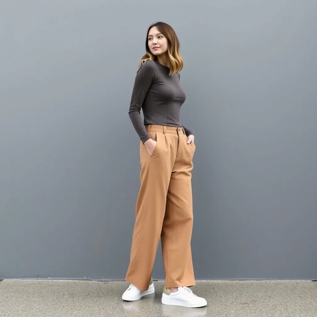 A person wears wide leg trousers paired with minimalist slip on sneakers against a clean white wall, showcasing a balanced and comfortable silhouette for daily activities.