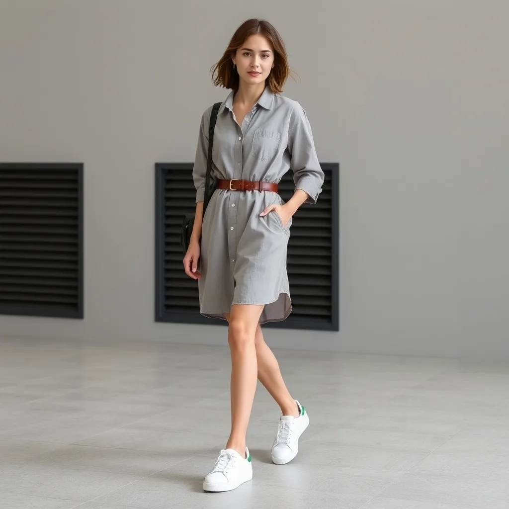A woman wears a crisp cotton shirt dress paired with low profile sneakers in a garden setting, highlighting the simplicity and elegance of a single piece outfit.